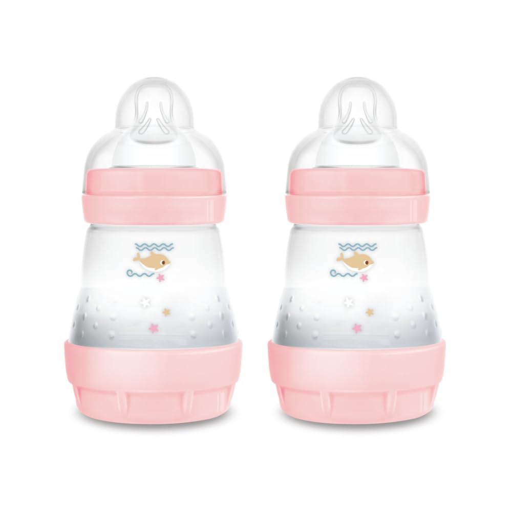 MAM Butelka do karmienia Easy Start, 2 butelki dla niemowląt, 0-4 miesiące, 160 ml, 1 na 0+ miesięcy, silikonowy smoczek SkinSoft, Bio-okrągły, różowy