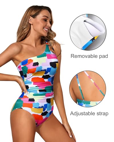 Holipick One Shoulder One Piece Swimsuit for Women Tummy Control Bathing Suits Modest Full Coverage Keyhole Swimwear Color Block