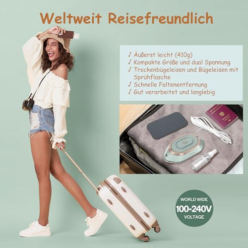 Newbealer Mini Reisebügeleisen mit Universalspannung 100-240V, Kompaktes Bügeleisen für Kleidung (kein Dampf), Keramikfläche, 150 °C Heißpress mit Sprühflasche, Beutel und Silikonständer, Grün