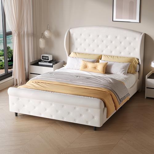 NMCXO Lit Double 140x200 Style Traîneau, Lit Rembourré en Velours Beige, Tête et Pied de Lit Capitonnés avec Boutons, Design Élégant et Classique,...