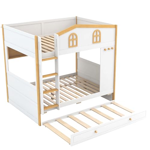 Image of Merax Full Over Full Size House Bunk Bed with Storage Shelves & Pull-Out Trundle, Solid Wood Space-Saving Loft Bed Frame with Safety Guardrails for Bedroom, White+Natural