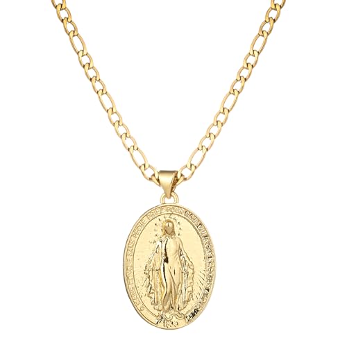 14K Gold Plated Oval Guadalupe Virgin Mary Pendant Necklace for Women Men, 3mm Flat Figaro Stainless Steel Chain Necklaces