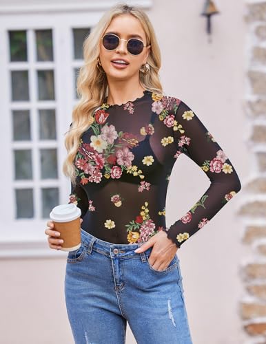 Zeagoo Mujer Camiseta Transparente Sexy Manga Larga Camiseta Tops See Through de Malla Camisas Elegante Mesh Tops Clubwear Elástico Bodycon Chic Blouses Casual T-Shirt Flor Negra 2 M