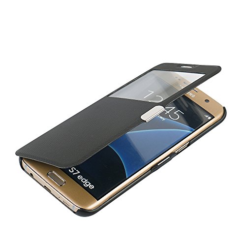 MTRONX Phone Case for Samsung GalaxyS7 Edge, S7 Edge, Window View Magnetic Closure Twill PU Leather Ultra Folio Flip Slim Case Cover Edge - Black(MG1-BK)