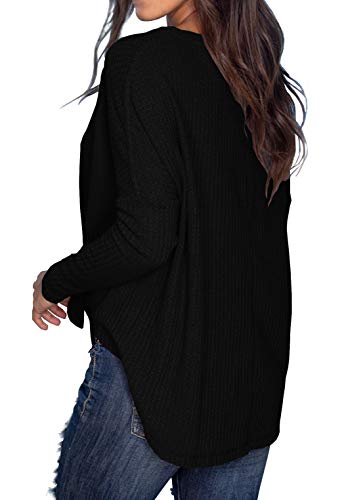 IWOLLENCE Womens Loose Henley Blouse Bat Wing Long Sleeve Button Down T Shirts Tie Front Knot Tops Black Medium