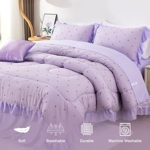Image of A Nice Night Delicate Bows Print On Purple Background Bedding Set,Ruffle 6 Piece Bed in a Bag Matching Sheet Set,Princess Style Chic Bowknot Printed,Twin