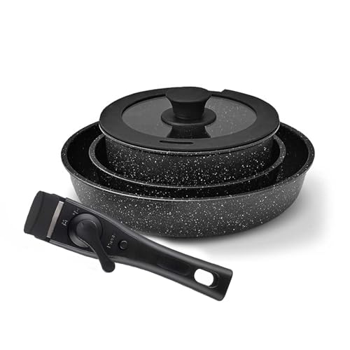 Juego de sartenes con asas extraíbles, juego de 5 piezas de ollas y sartenes con tapa, utensilios de cocina antiadherentes, juego de ollas y sartenes con mango extraíble, color negro