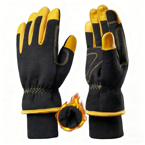 HODUP Men’s Waterproof Winter Work Gloves – 3M Thinsulate Thermal Insulated, Touchscreen Compatible, Synthetic Leather & Cowhide Reinforced Fingers for Extreme Cold (Yellow/Black, XL)