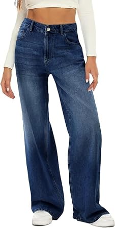 HDLTE Womens High Waist Baggy Boyfriend Jeans - Wide Leg Loose Denim Pants with PocketsDark Blue,2