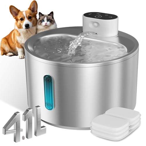 Katzenbrunnen Kabellos mit Bewegungsmelder, 5000 mAh Batteriebetriebener 4,1 L Edelstahl-Trinkbrunnen für Katzen mit leiser Wasserpumpe, Leicht zu reinigender Katzenwasserbrunnen