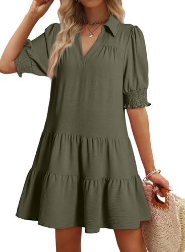 Image of Dokotoo Casual Dresses for Women Lapel Collared V Neck Mid Sleeved Pleated Summer Dresses for Women 2026 Midi Dresses