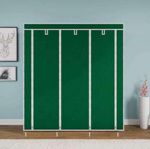 Image of Collapsible Wardrobe Closet for Clothes Storage, 8 Shelf Portable Fabric Almirah, Foldable Clothes Organizer with Plastic Frame, Space Saving Cupboard for Bedroom (Green)