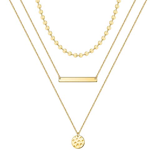Turandoss Gold Layering Necklaces for Women - 14K Gold Plated Disc Bar Dainty Handmade Layered Necklaces for Women