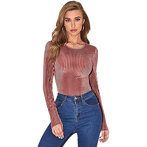SheIn Damen Elegant Langarmshirt Rundhals Oberteil Casual Samt T-Shirts Samtoberteil Altrosa XL thumbnail