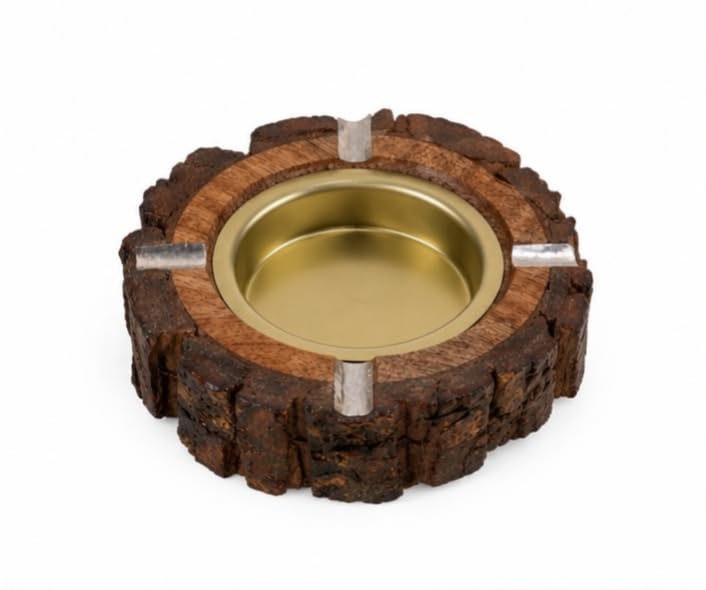 Wooden Ashtray with Gold-Tone Metal Insert | Natural Wood Bark Finish, Round Shape-image-9
