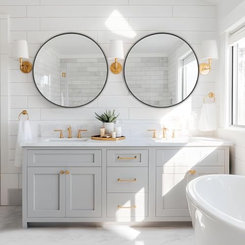 Image of Simple Deluxe 28 Inch Round Bathroom Mirror, Black Vanity Mirror with Metal Frame, Modern Circle for Bathroom, Entryway, Bedroom, Living Room, Wall Mounted Decorative Mirrors (Black)