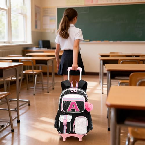 Image of Meetbelify Backpack with Wheels for Girls Black Rolling Letter Backpack Cute Carry on Backpack Kids Luggage with Lunch Box Pencil Case for Elementary Student
