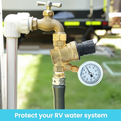 Image of MEASUREMAN Adjustable Lead-Free Brass RV Water Pressure Regulator with 160 PSI Liquid-Filled Gauge, Inlet Screened Filter, and Portable Bag for Camper, Trailer, Garden, and Plumbing Systems