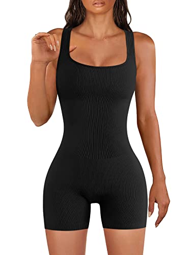 Automet Womens Jumpsuits Workout Ribbed Square Neck Sleeveless Sport Romper Bodysuits Clothing Summer Outfits 2023 Trendy #TOP24
