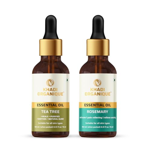 Image of Khadi Organique Rosemary Essential Oil & Tea Tree Essential Oil Combo For Potential Hair Growth, Hair Fall Control & Reduce Dark Spots | Therapeutic Grade Essential Oils for all Skin Types - 2x15ml