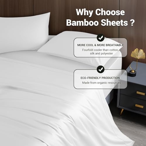 Image of Shilucheng 4 Piece King Sheet Sets, Cooling Sheets, Blend Rayon Derived from Bamboo, Deep Pocket Up to 16 inch, Breathable & Soft Bed Sheets, Hotel Silky Bedding Set, White