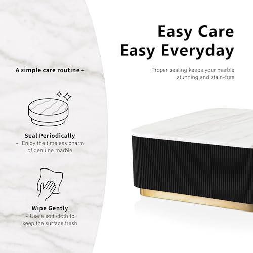 Image of Furniture of America Beryl Modern Square White Genuine Marble Top Coffee Table with Fluted Pedestal Base and Gold Stainless Steel Accent, Low Profile Table for Living Room, Home Office, Black