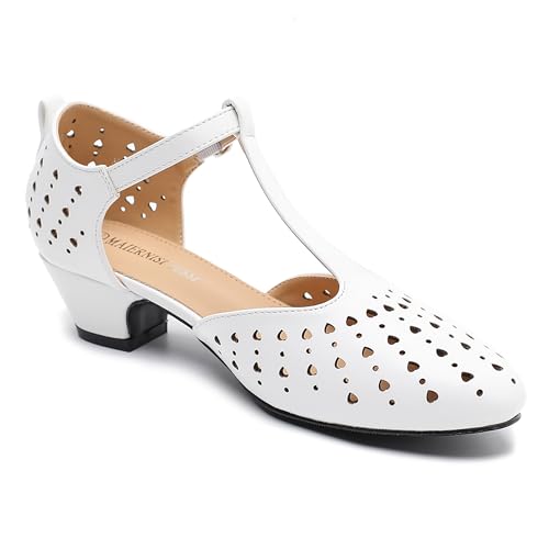 Image of MAIERNISI JESSI Women's T-Strap Mary Jane Pumps, Low Block Heel, Closed Toe, Buckle Ankle Strap
