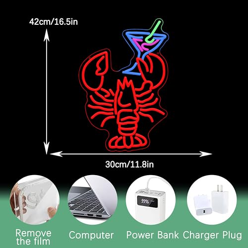 Image of Lobster Cocktail Neon Sign for Wall Decor USB Powered Funny Shrimp Martini Neon Light Dimmable LED Bar Crawfish Light Up Sign for Party Seafood Restaurant Bedroom Bar