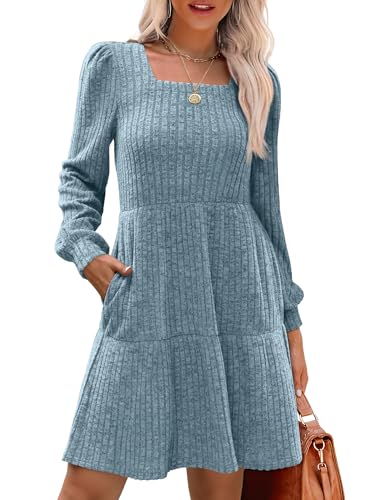 Image of Sampeel Womens Square Neck Long Sleeve Fall Dresses Casual Babydoll Sweater Dress