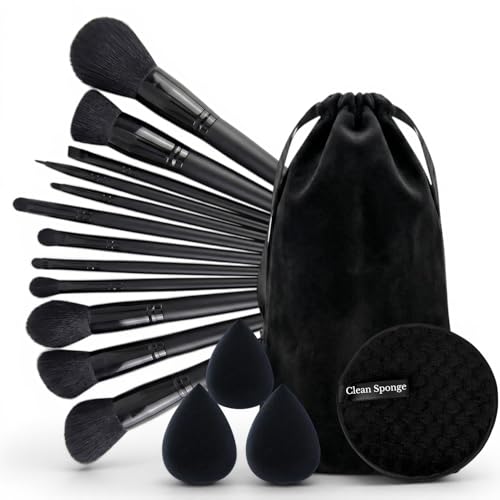 Image of 17Pc Makeup Kit Set - Premium 13-Piece Makeup Brush Set with 3 Makeup sponges & 1 Color-Removal Sponge - Soft Synthetic Bristles, Black Design with Velvet Travel Pouch - Complete Professional Beauty Tools (Clean sponge and makeup puffs , color may vary or multicolour) (Black)