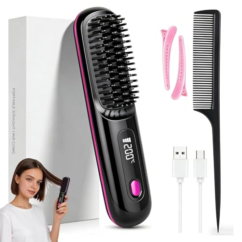 Stylingbürste Stylingbürste Für Kurze Haare Glättbürste Kabellos mit LED-Anzeige Haarbürste Elektrisch 3 Temperaturstufen für Glattes Lockiges und Trockenes Haar Präzises Styling