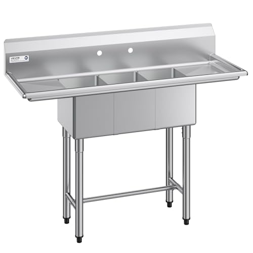 VEVOR 3 Compartment Sink, 18-Gauge 304 Stainless Steel, 10" x 14" x 10" Bowl Size, 3 Bay Commercial Kitchen Prep & Utility Sink with 2 Drainboards and Backsplash for Restaurant, Food Truck & Home Use