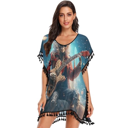 KAAVIYO Christmas Cool Skull Women's Beach Cover Up Chiffon Tassel Swimwear Swimsuit Coverups for Girl
