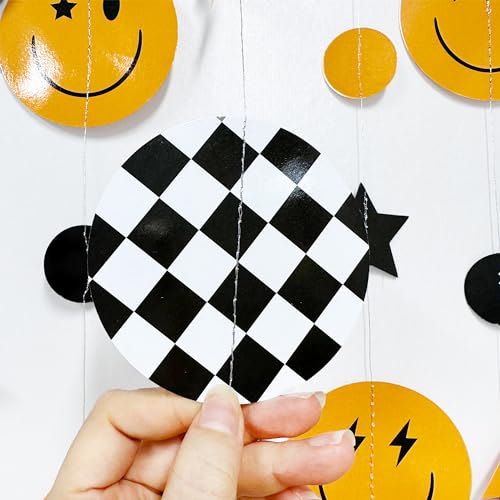 Image of One Happy Dude 1st Birthday Decorations Black Yellow Smile Face Lightning Star Checkered Circle Dot Smiley Face Garland Streamer for Baby Shower First Birthday Wedding Hippie Party Decoration Supplies