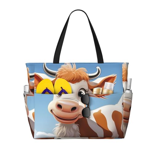 Beach Bags For Women Large Waterproof Sandproof Beach Tote Bag Lightweight Zipper Carry On Bag Cartoon Cute Cow Pool Bag For Gym Travel Vocation