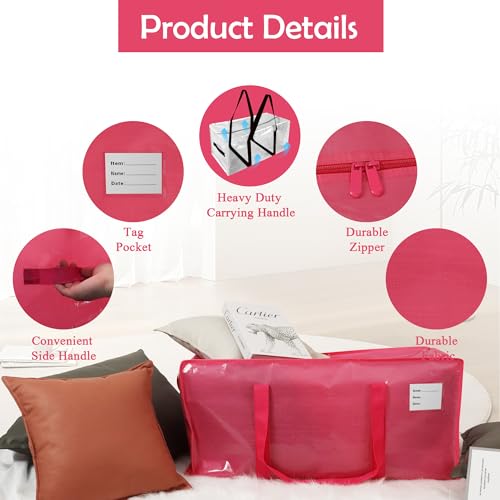 JCBZAMZ 6 Pack Heavy Duty Extra Large Moving Bags with Handles,Waterproof Foldable Storage Totes, Clothing Storage Bags, Packing Moving Boxes for College Supplies, Pink - image 3