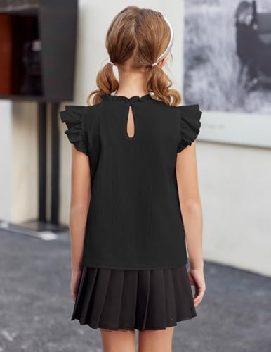 Image of Arshiner Girls Ruffle Short Sleeve Shirts Cute Summer Frill Neck Pleated Textured Blouse Tops
