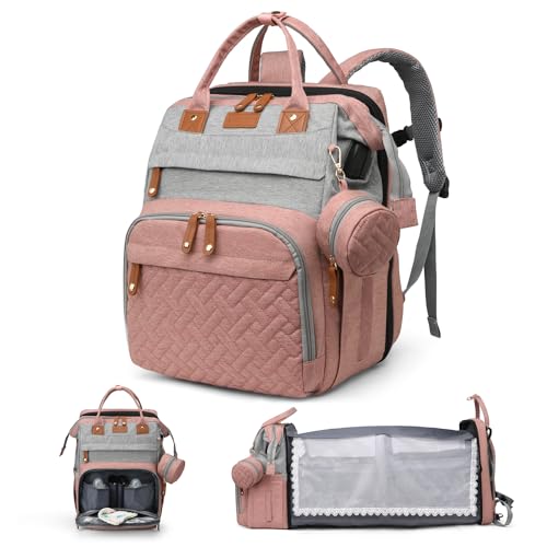 Image of Diaper Bag Backpack, Multifunction Travel Baby Bag, Waterproof Tote Backpack with USB Port, Pacifier Case and Stroller Straps, Newborn Essentials for Moms Dads, Girls, Gray Pink