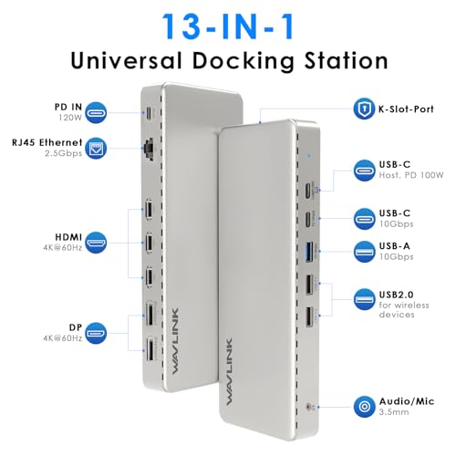 Image of WAVLINK Docking Station 3 Monitors, SM770 Docking Station with Triple HDMI, Dual DP, 120W PD in, 10Gbps USB A&C, 2.5G Ethernet Port, Compatible with Intel Mac, SMI Driver & Host USB3.2 Gen 2 Required