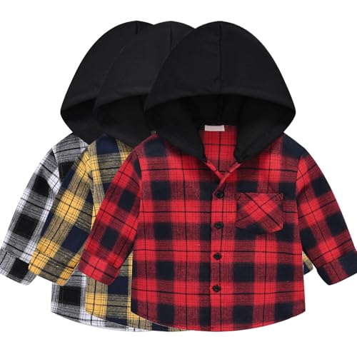 Unisex Kids Flannel Plaid Shirts Toddler Boys Girls Button Down Long Sleeve Shirt with Hood Fall Winter Jacket Coats