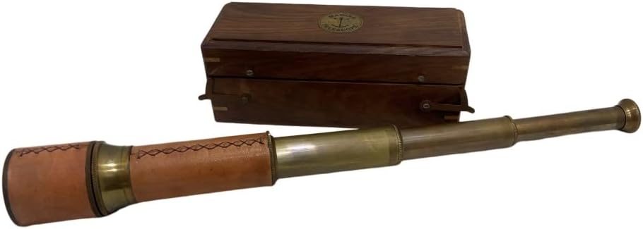 Vintage Brass Spyglass Telescope with Leather Case & Wooden Box Handheld Pirate Scope for Nautical Decor, Cosplay Travel Adventures & Antique Collectible Gift