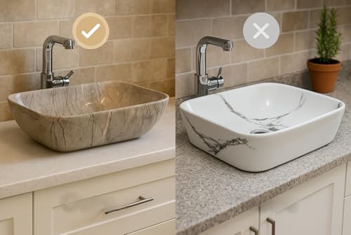Image of Ceramic Tabletop Wash Basin - Glossy Rectangular Countertop Vessel Sink with Marble Finish for Bathroom & Vanity | Compact 18 x 13 x 5 Inch | Elegant Washbasin