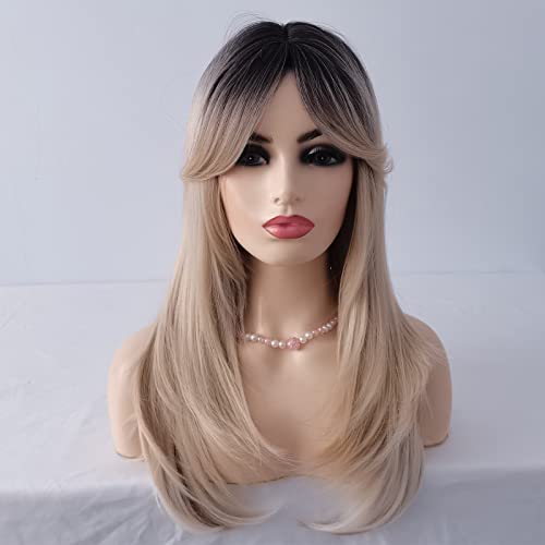 Sylhair 22"/55cm peluca rubia larga con flequillo para mujer, peluca rubia degradada con raíces oscuras, peluca de pelo natural para mujer Cover