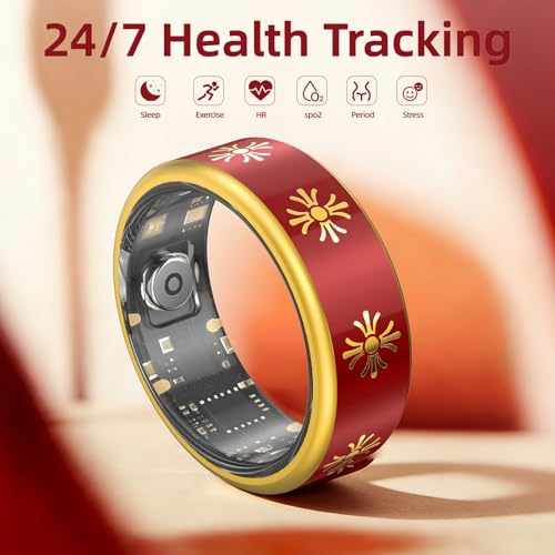 Image of Smart Ring for Women & Men, Fitness Tracker Ring with Sleep Monitoring, Heart Rate & Blood Oxygen Tracking, IP68 Waterproof, Bluetooth Health Ring, No Subscription (Red, 7)