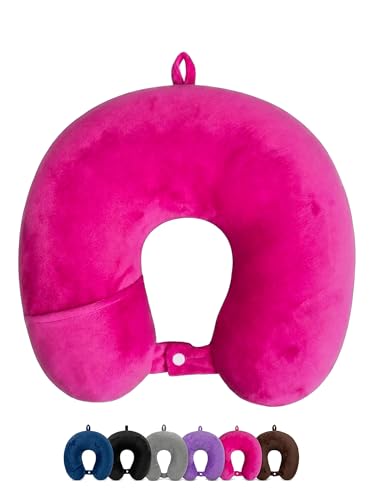 Image of Ultra Soft Travel Neck Pillow with Hanging Loop Snap Button Closure for Home Office and Airplane Flight, Bus, Car, Train Travelling Use [Pink] (Pack of 1)