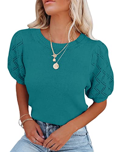 Image of Womens Short Sleeve Sweaters Crewneck Knit Pullover Tops 2025 Summer Casual Lightweight Crochet Blouse Shirt
