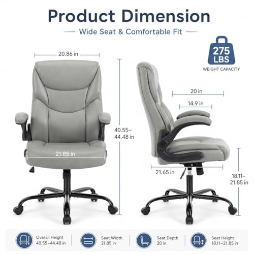 Image of Ergonomic PU Leather Office Chair - Executive Computer Desk Chair with Lumbar Support & Wide Seat, Adjustable Height Task Chair with 360 Swivel & Quiet Wheels for Home Office, Gaming, Gray