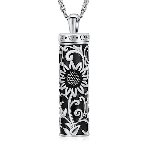 shajwo Cylinder Urn Necklace for Ashes for Women Men Sunflower Cremation Jewelry Vial Memorial Loved One Pendant,Silver