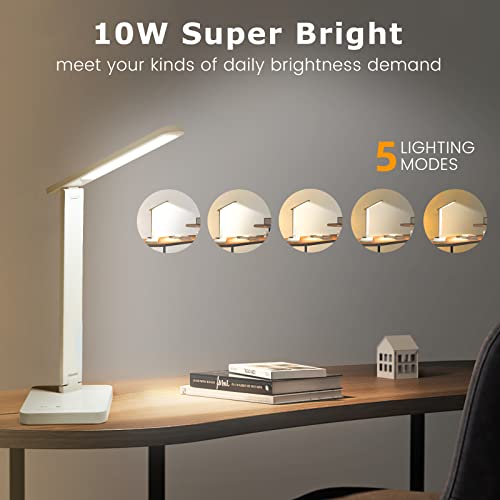 GOMYHOM LED Desk Lamp, Dimmable Eye-Protecting Table Lamp with USB Charging Port, 5 Lighting Modes with 10 Brightness Levels, Collapsible LED Desk Light for Home Office, Study, Bedroom (White)… - Image 3