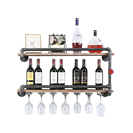 TANGGU Industrial Wine Racks Wall Mounted with 7 Stem Glass Holder,2-Tiers Rustic Metal Hanging Wine Holder,36in Wall Mount Bottle Holder,Pipe Shelves Kitchen/Living Room/Home Wood Wine Shelf